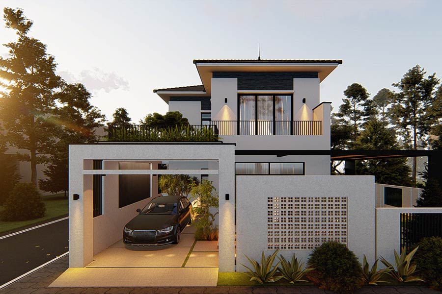 Thiết kế nhà vườn 2 tầng đẹp có gara