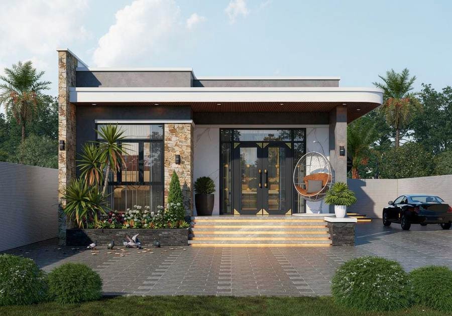 Thiết kế nhà 90m2 1 tầng mái bằng