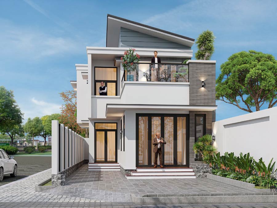 Mẫu nhà mái lệch 1 tầng có gác lửng