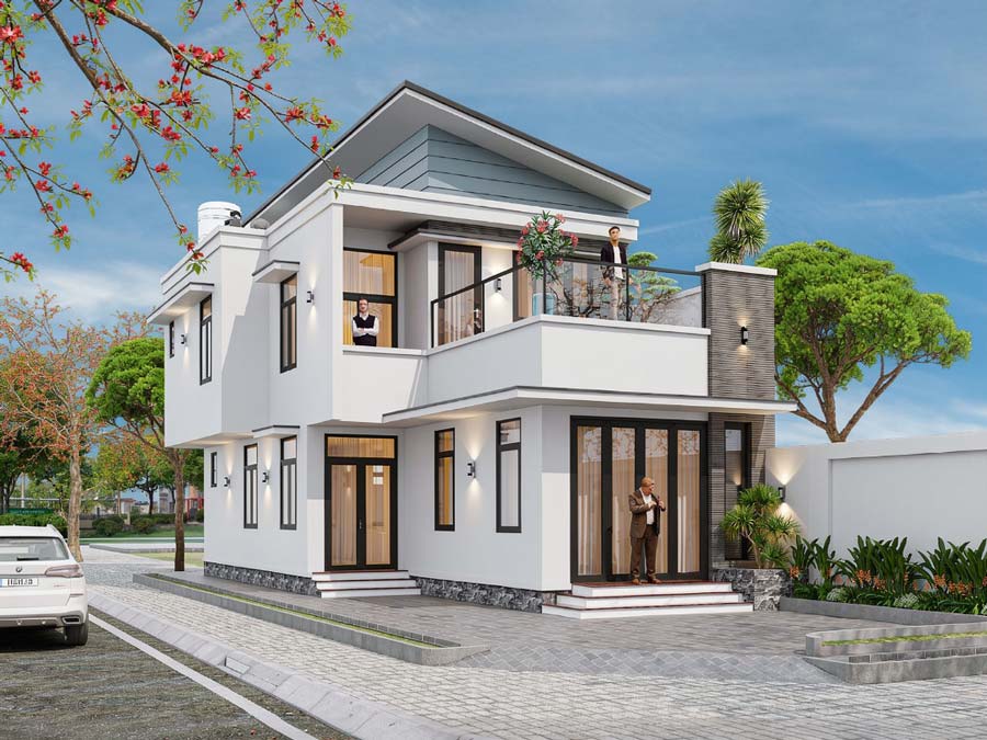 Mẫu nhà mái lệch 1 tầng có gác lửng