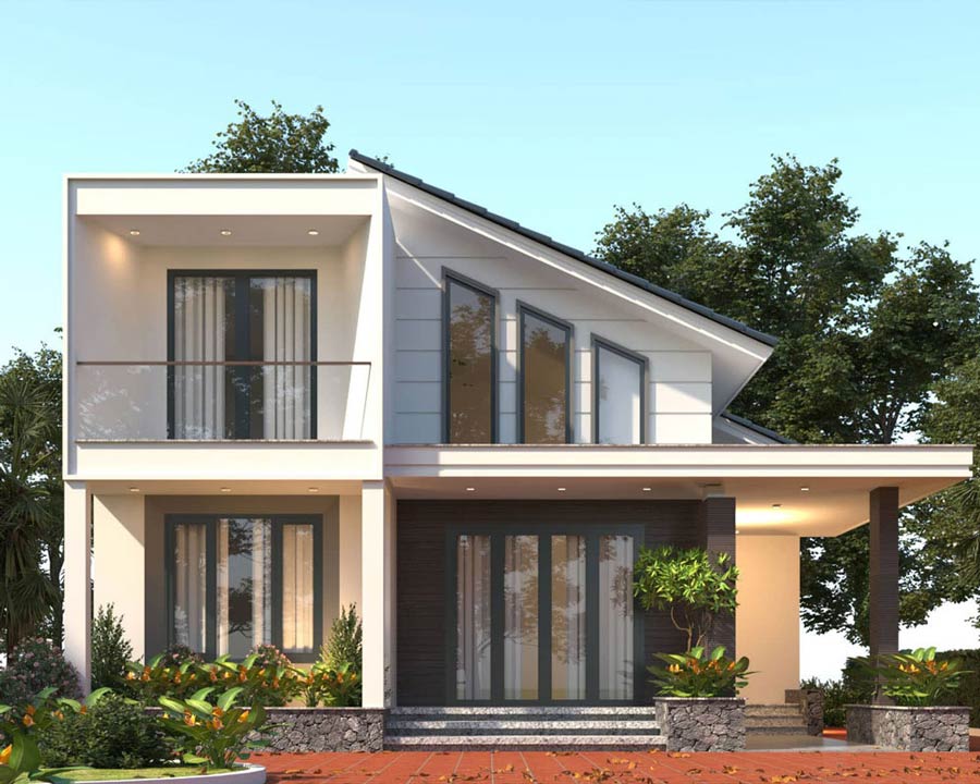 Mẫu nhà mái lệch 1 tầng có gác lửng