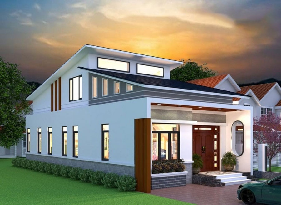 Mẫu nhà mái lệch 1 tầng có gác lửng