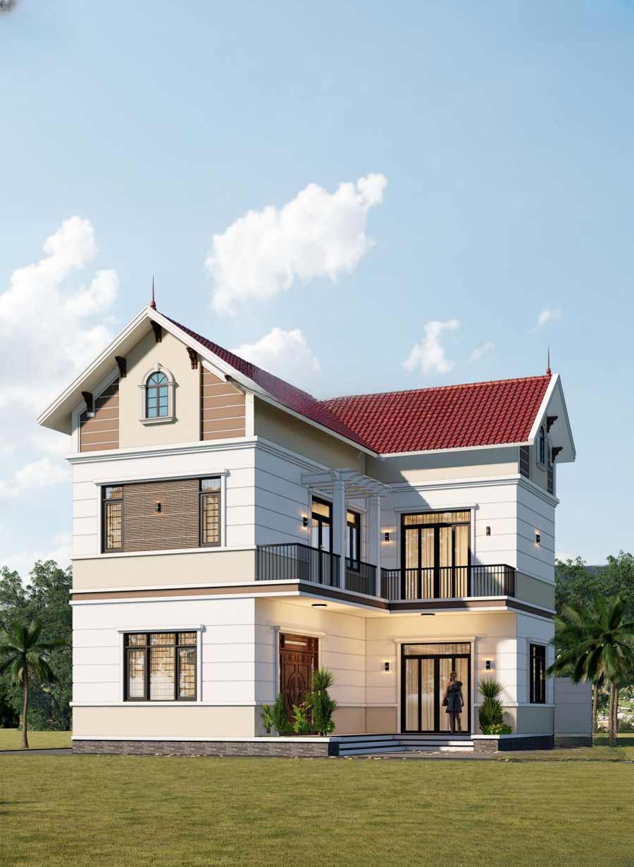 Thiết kế nhà mái Thái 2 tầng chữ L 100m2