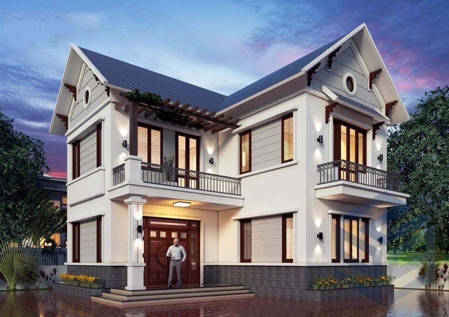 Thiết kế nhà mái Thái 2 tầng chữ L 100m2