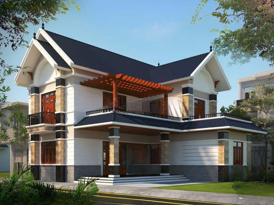 Thiết kế nhà mái Thái 2 tầng chữ L 150m2