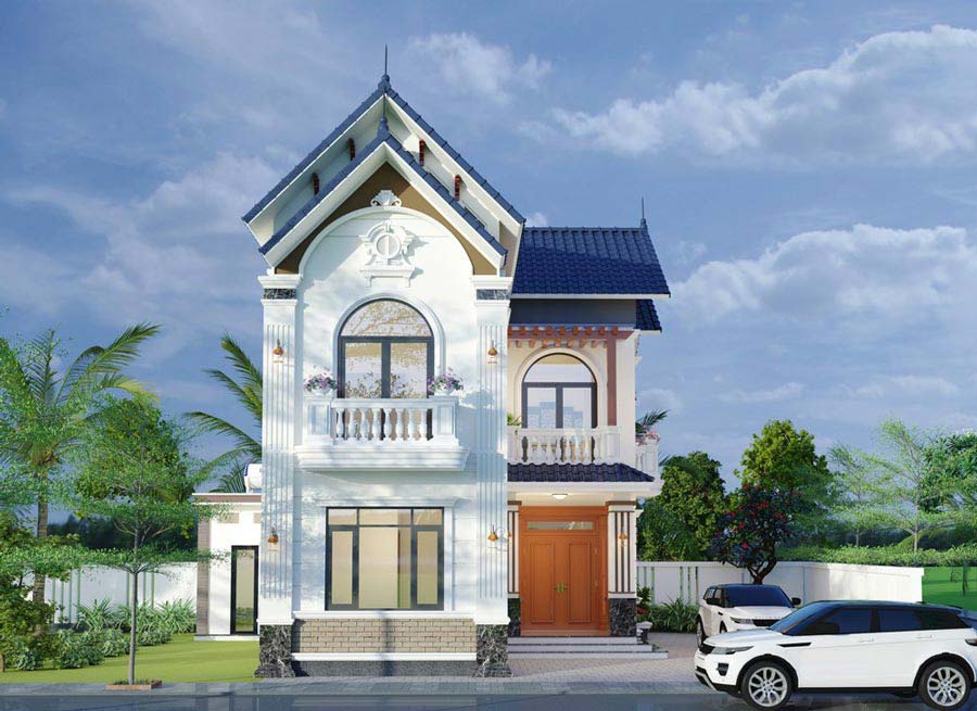 Thiết kế nhà mái Thái 2 tầng chữ L 150m2