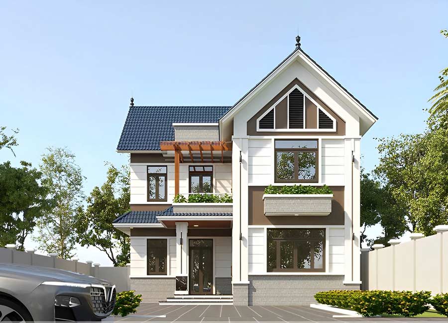 Thiết kế nhà mái Thái 2 tầng chữ L 150m2