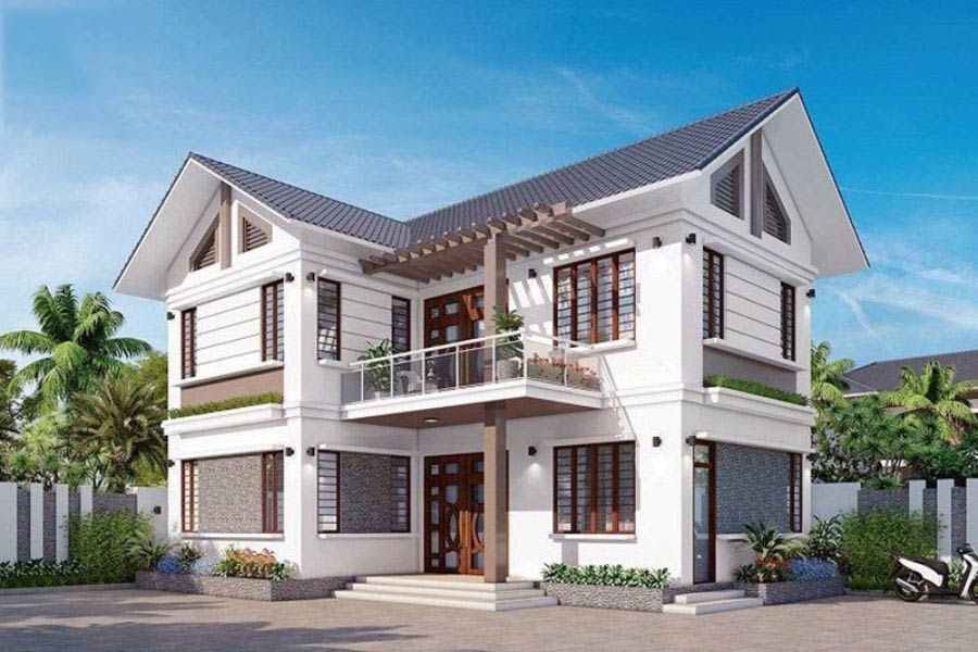 Mẫu thiết kế nhà mái Thái 2 tầng chữ L 3 phòng ngủ