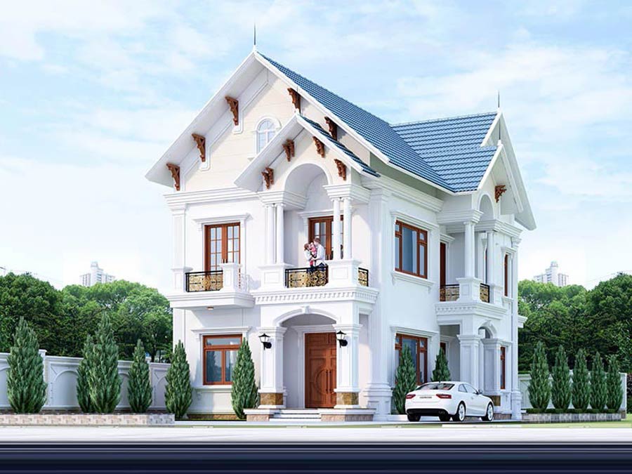 Mẫu thiết kế nhà mái Thái 2 tầng chữ L 4 phòng ngủ