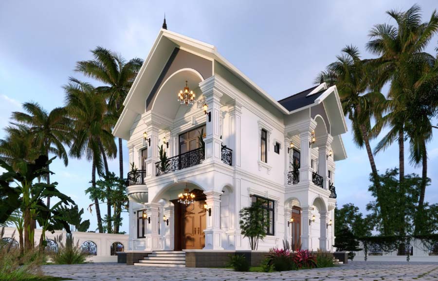 Mẫu thiết kế nhà mái Thái 2 tầng chữ L 4 phòng ngủ
