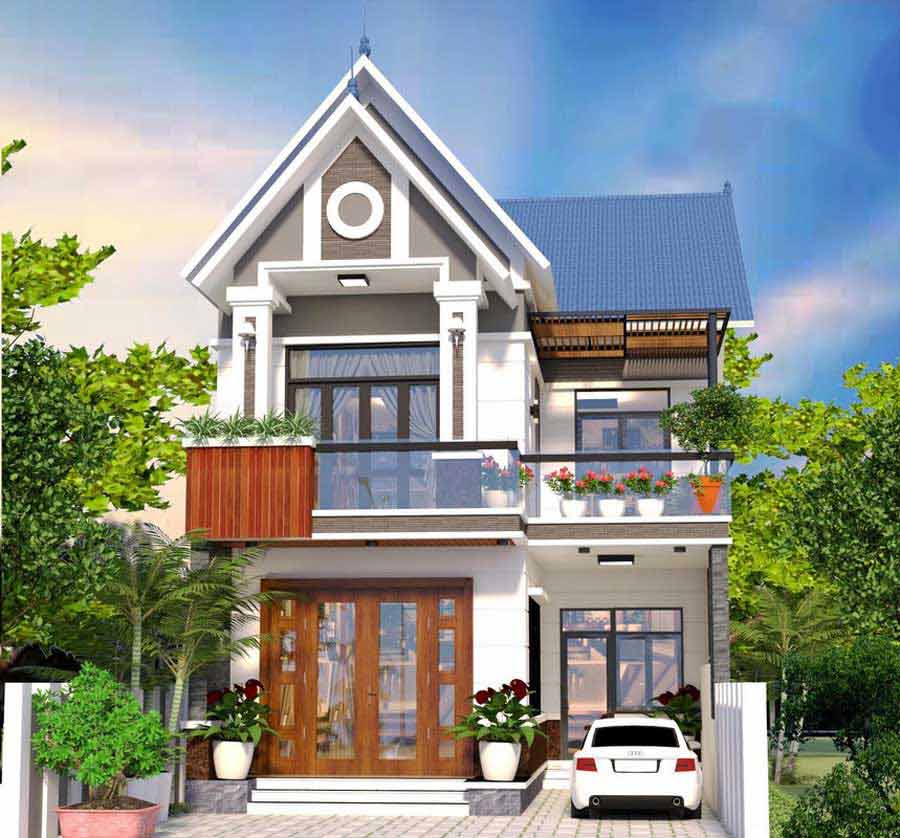 Nhà mái Thái 2 tầng chữ L ban công rộng rãi