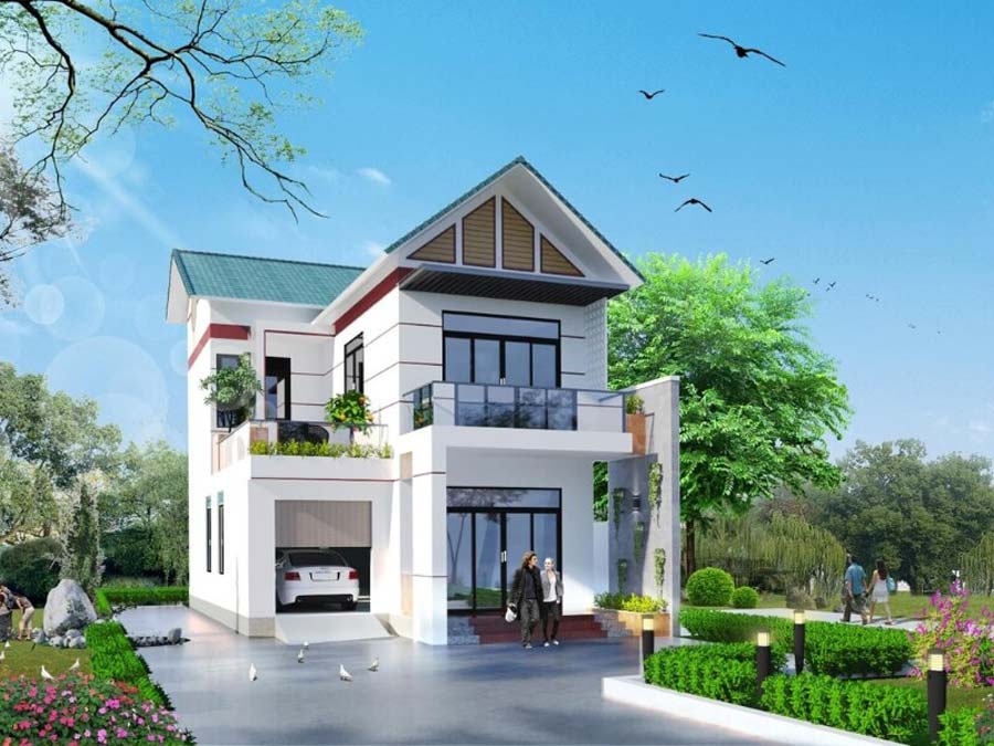 Nhà mái Thái 2 tầng chữ L có sân vườn xanh mát