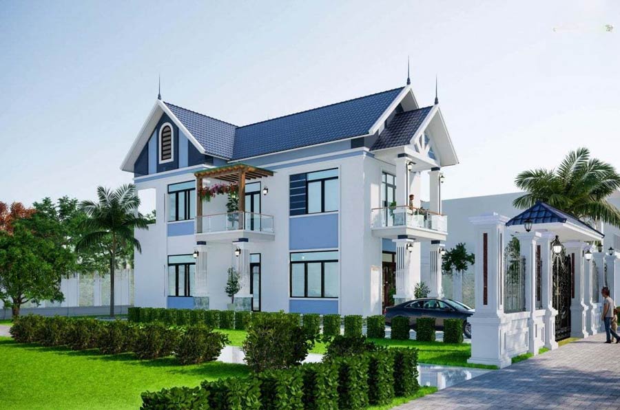 Nhà mái Thái 2 tầng chữ L có sân vườn xanh mát