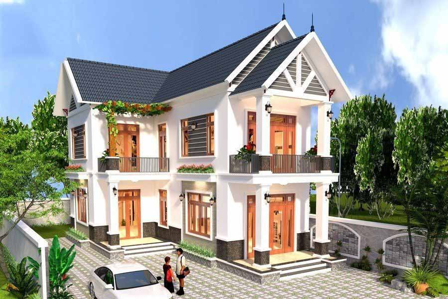 Nhà mái Thái 2 tầng chữ L có sân vườn xanh mát