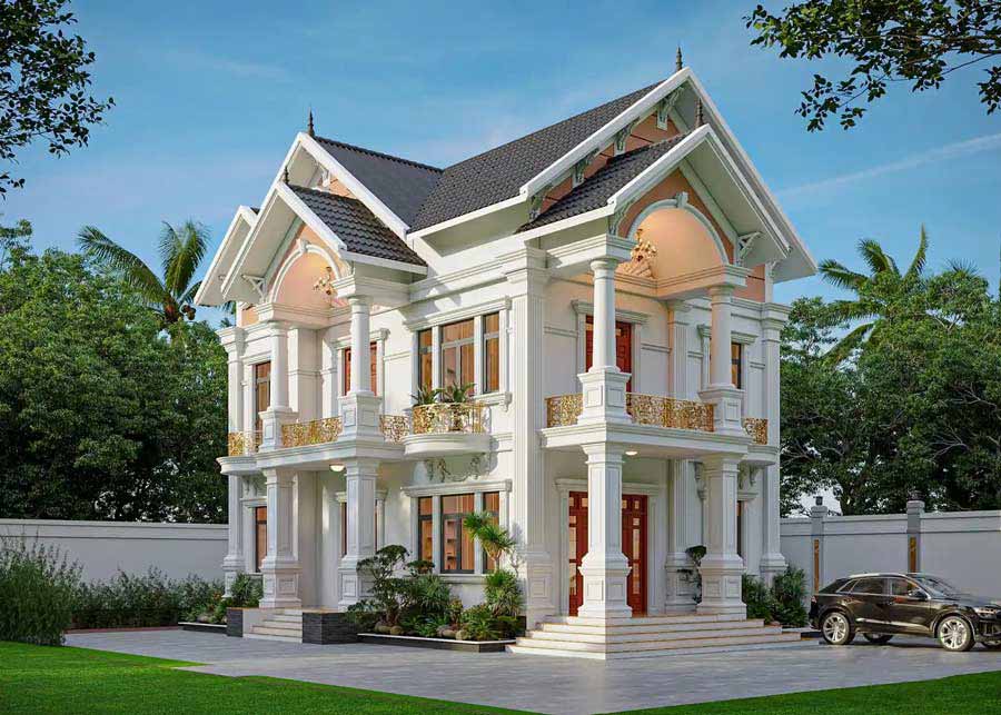 Mẫu nhà mái Thái 2 tầng chữ L kiểu Pháp