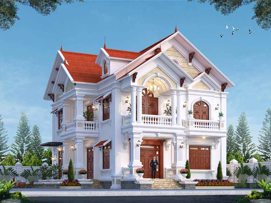 Mẫu nhà mái Thái 2 tầng chữ L kiểu Pháp