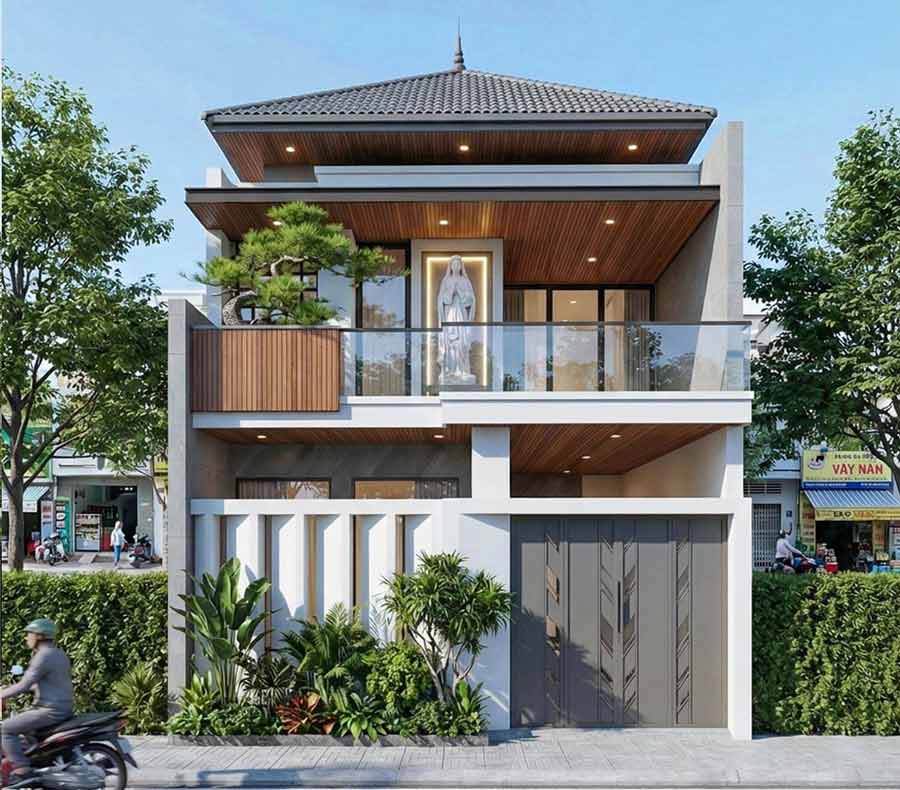 Thiết kế nhà ống 2 tầng mặt tiền 6m mái Nhật