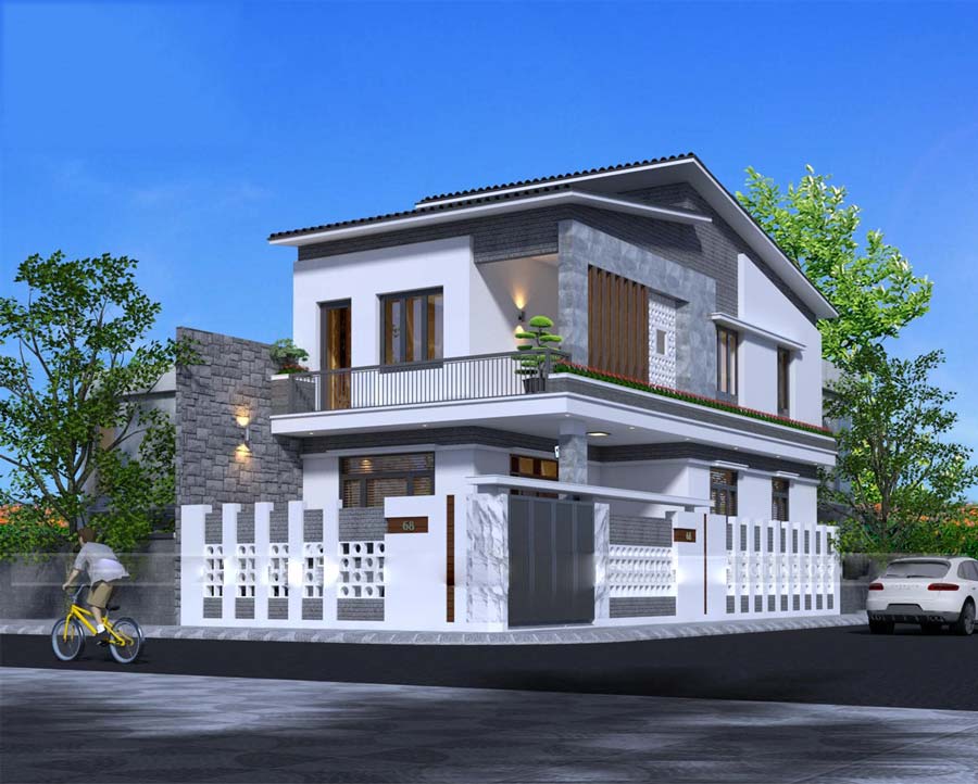 Mẫu nhà phố 2 tầng 2 mặt tiền mái lệch