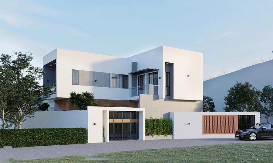 Thiết kế nhà chữ L 2 tầng 80m2 hiện đại