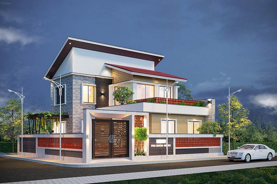 Xây nhà 2 tầng 300 triệu ở nông thôn mái lệch