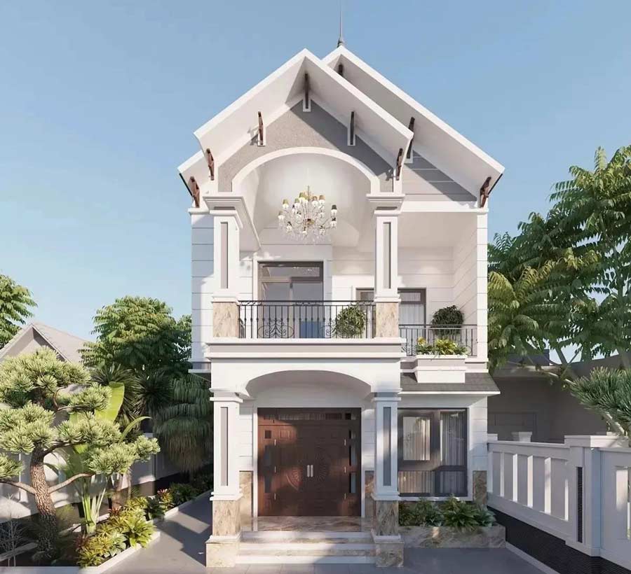 Thiết kế nhà 2 tầng 600 triệu ở nông thôn ban công rộng