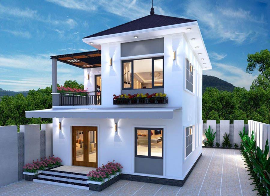 Thiết kế nhà 2 tầng 600 triệu ở nông thôn ban công rộng