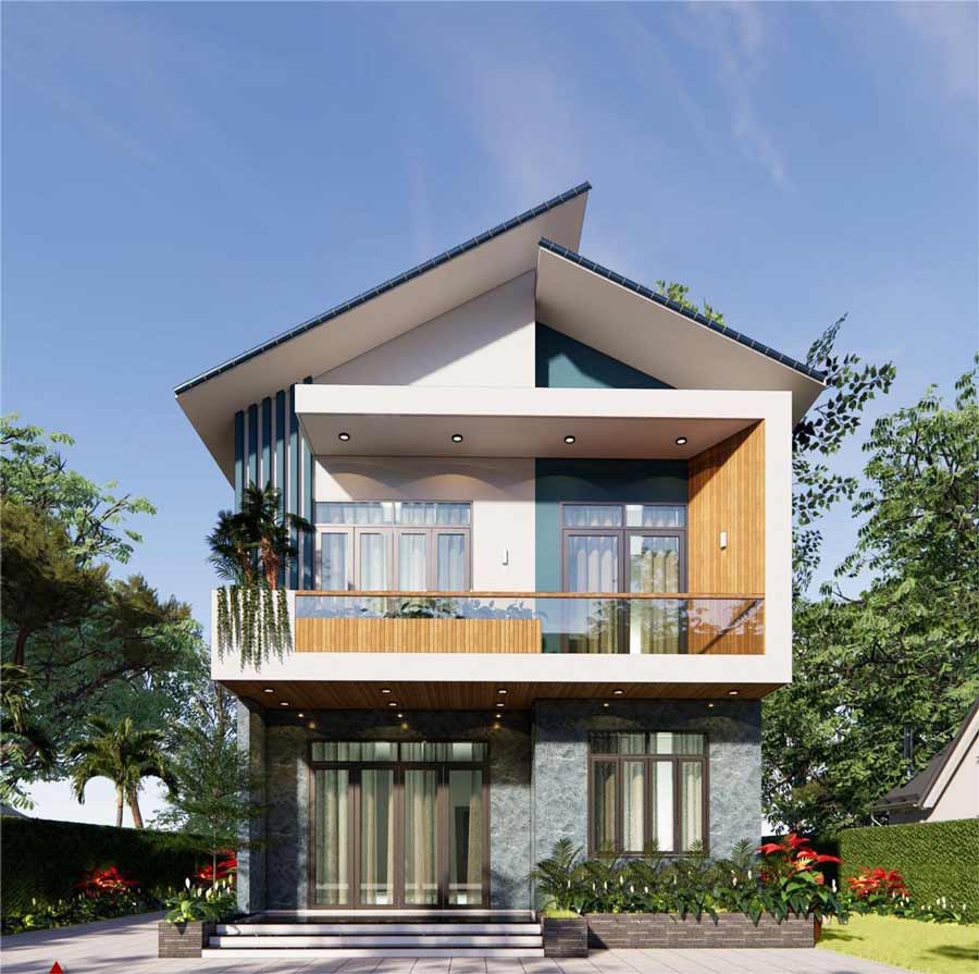 Xây nhà 2 tầng 600 triệu ở nông thôn mái lệch