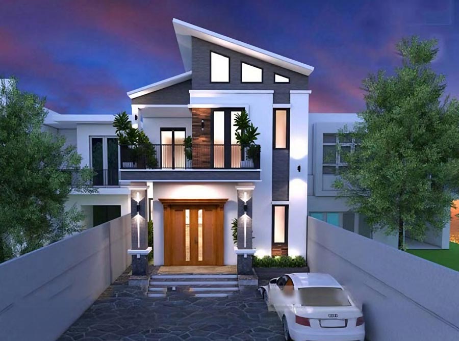 Xây nhà 2 tầng 600 triệu ở nông thôn mái lệch