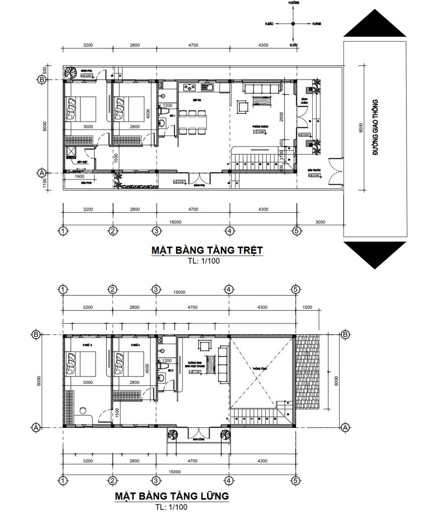 Bản vẽ mặt bằng nhà 1 tầng 2 mặt tiền có gác lửng