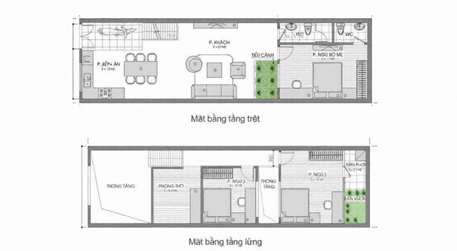 Phương án mặt bằng nhà ống 1 tầng rưỡi
