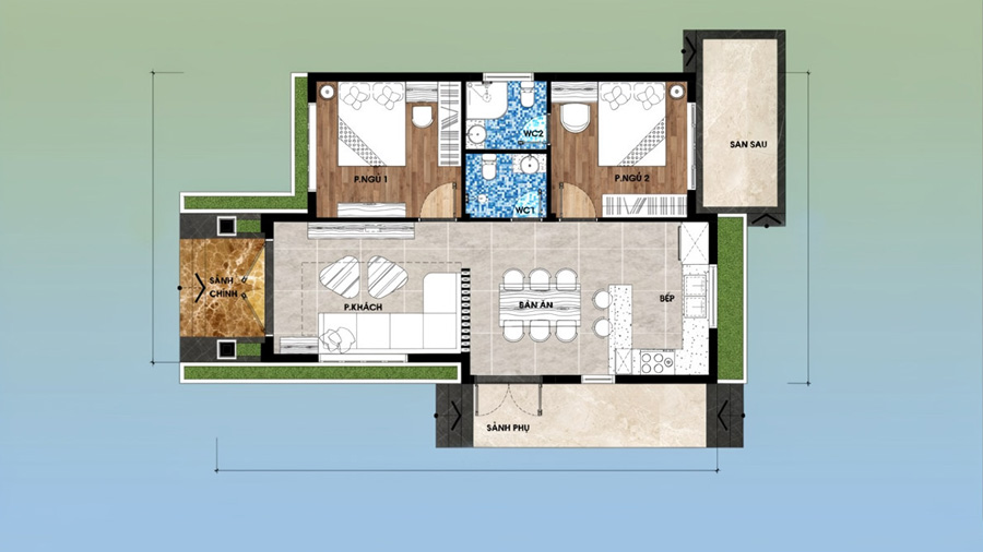 Bản vẽ mặt bằng nhà 1 tầng 2 phòng ngủ 100m2 cho vợ chồng trẻ