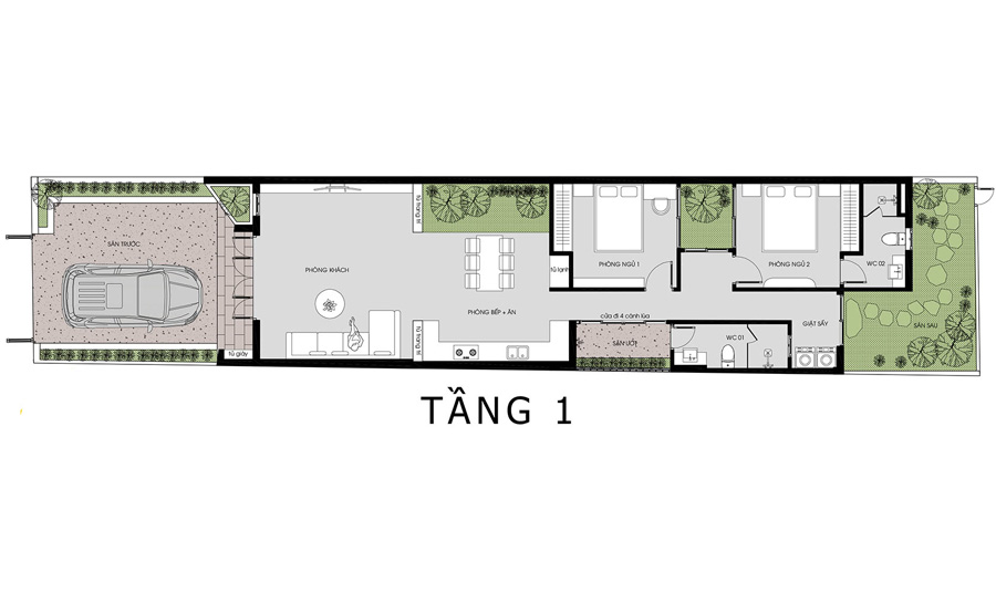 Bản vẽ mặt bằng nhà 1 tầng 2 phòng ngủ 100m2 có gara để xe