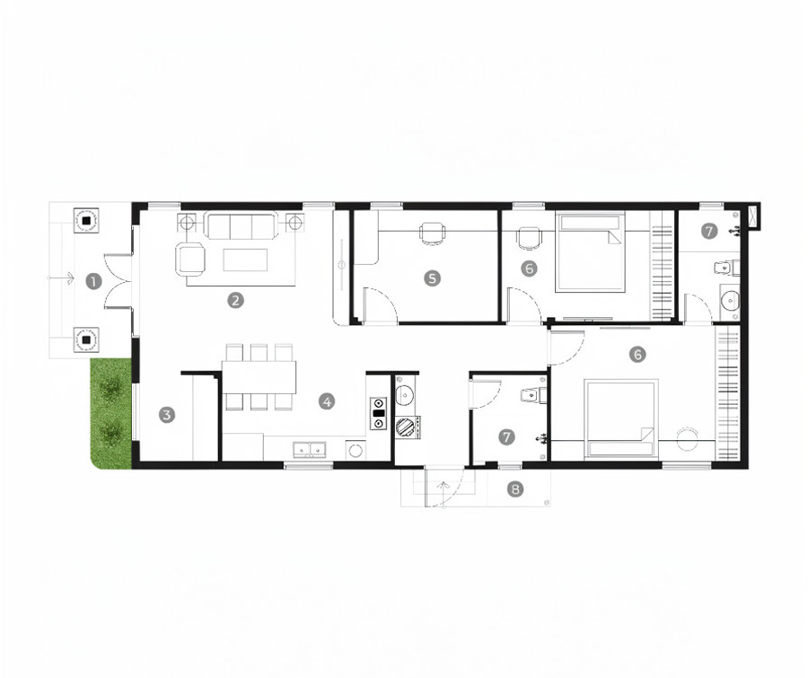 Bản vẽ mặt bằng nhà 1 tầng 2 phòng ngủ 100m2 có phòng làm việc