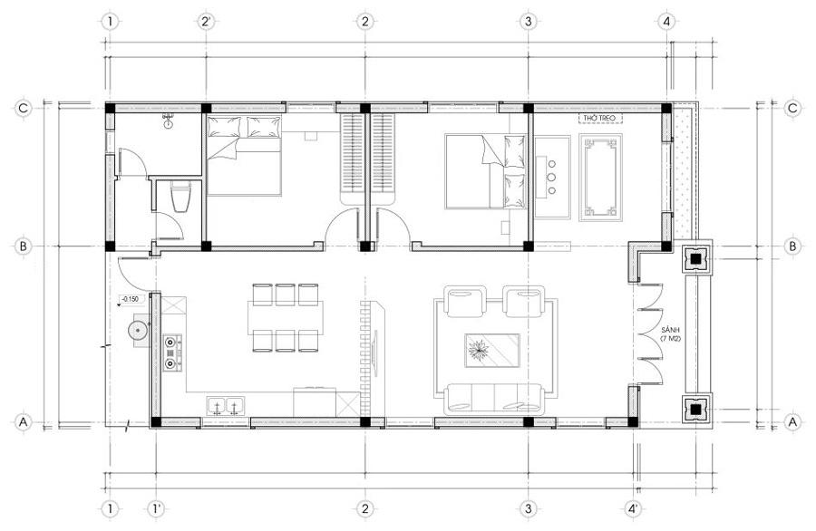 Bản vẽ mặt bằng nhà 1 tầng 2 phòng ngủ 100m2 có phòng thờ