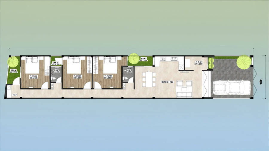 Bản vẽ mặt bằng nhà 1 tầng 3 phòng ngủ 100m2 có gara để xe
