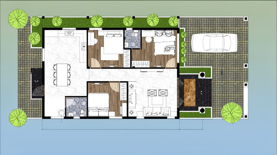 Bản vẽ mặt bằng nhà 1 tầng 3 phòng ngủ 100m2 có sân vườn
