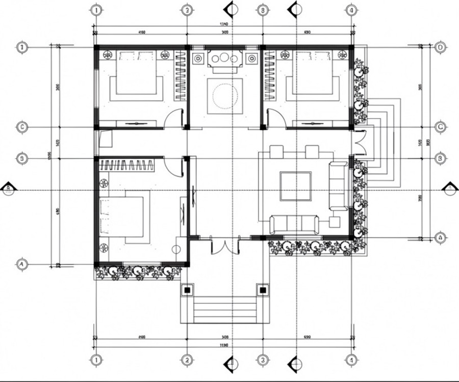 Bản vẽ mặt bằng nhà 1 tầng 3 phòng ngủ 100m2 mái thái
