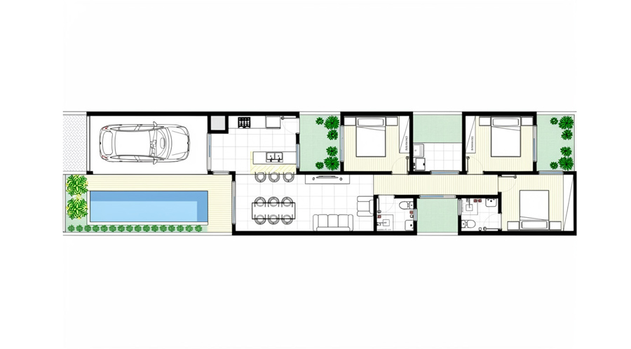 Bản vẽ mặt bằng nhà 1 tầng 3 phòng ngủ 5x20m có hồ bơi