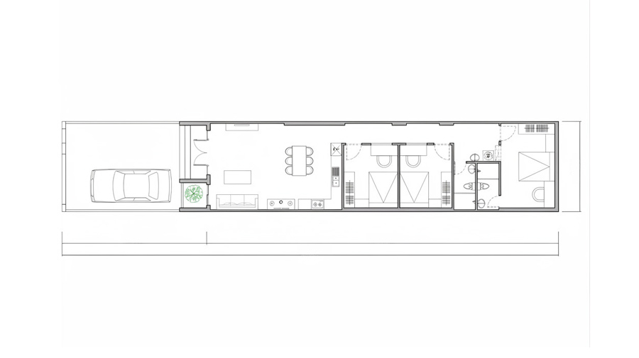 Bản vẽ mặt bằng nhà 1 tầng 3 phòng ngủ 5x20m có phòng thờ
