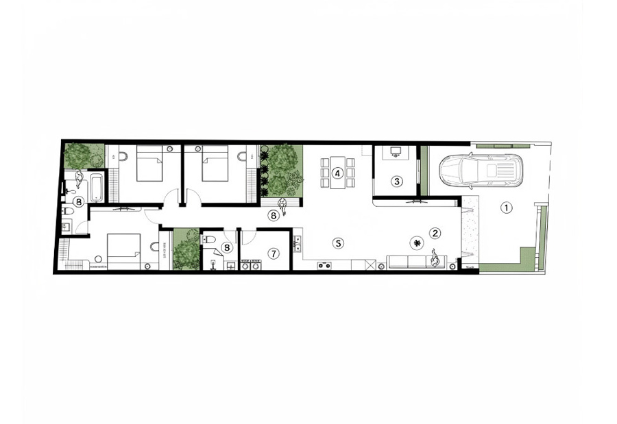 Bản vẽ mặt bằng nhà 1 tầng 3 phòng ngủ 5x20m ở nông thôn