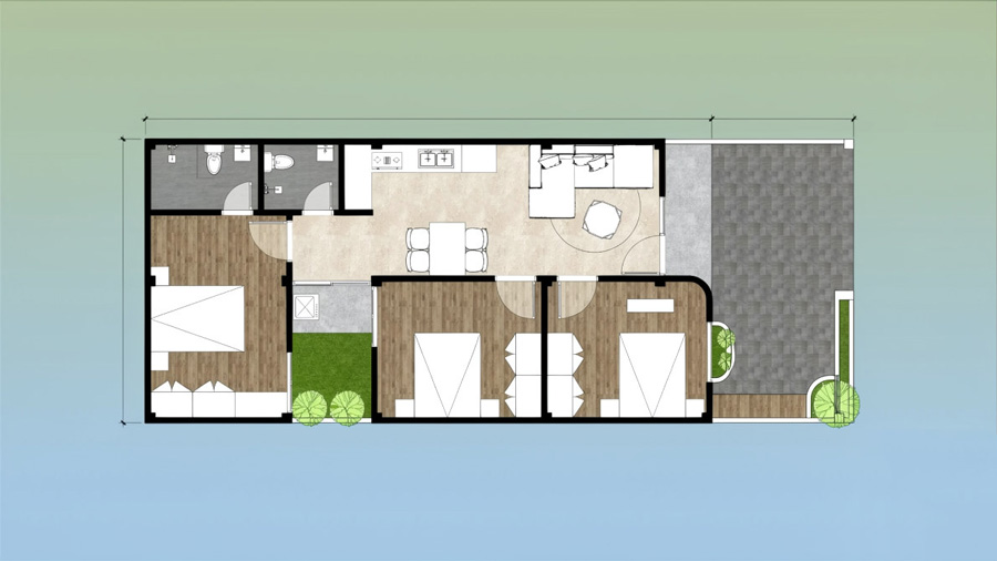 Bản vẽ mặt bằng nhà 1 tầng 3 phòng ngủ 80m2 có gara