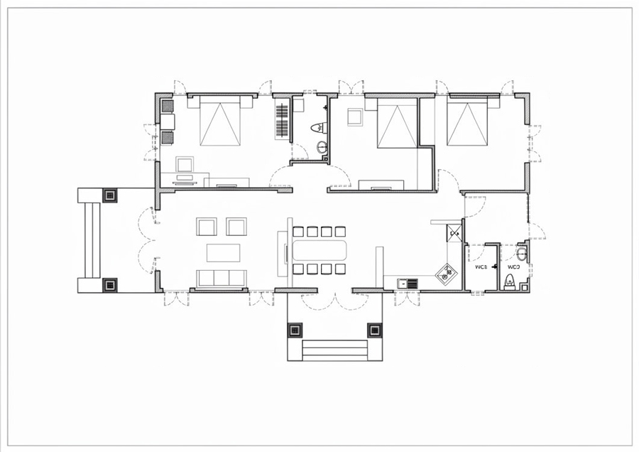 Bản vẽ mặt bằng nhà 1 tầng 8x15m 3 phòng ngủ