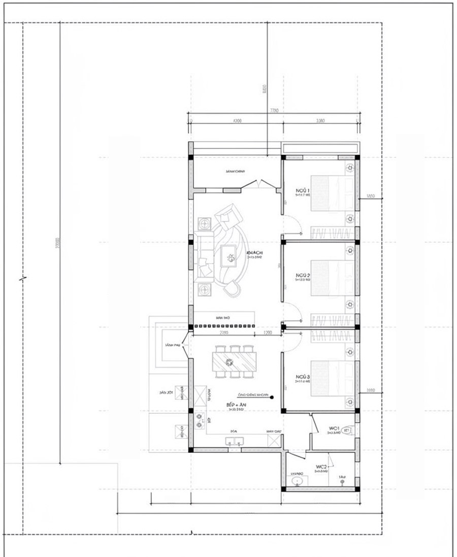 Bản vẽ mặt bằng công năng thiết kế nhà 1 tầng 8x15m hiện đại