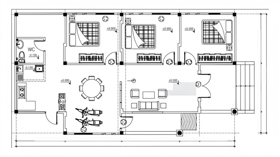 Bản vẽ mặt bằng nhà 1 tầng 8x15m mái Nhật