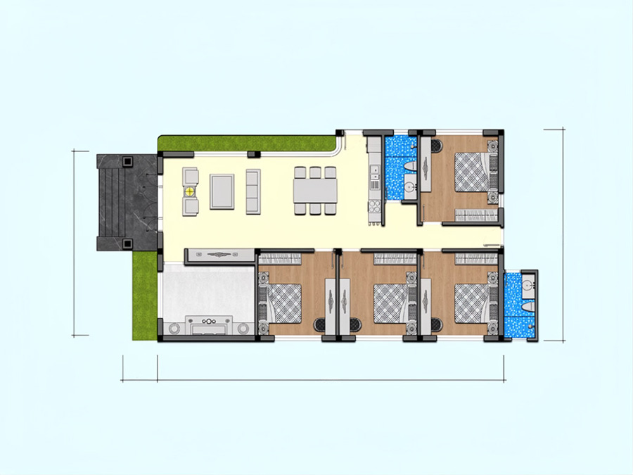 Bản vẽ mặt bằng nhà 1 tầng 8x15m ở nông thôn