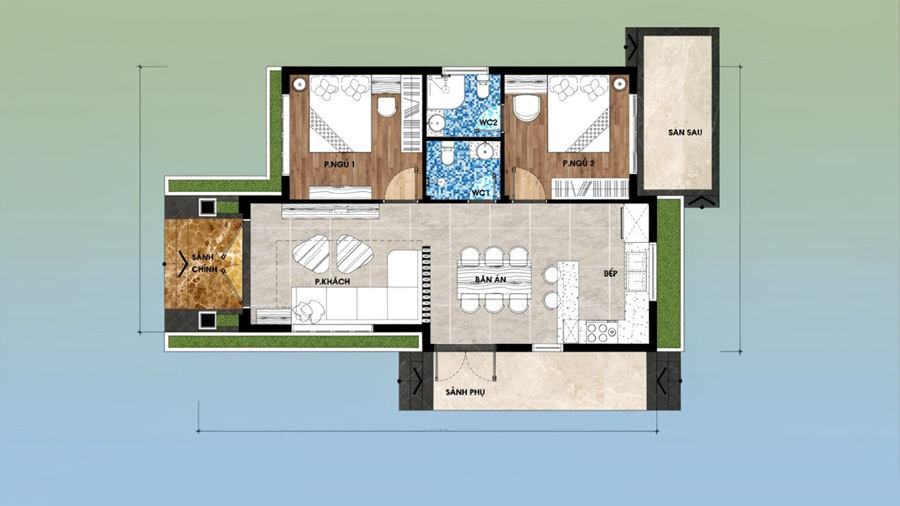 Bản vẽ mặt bằng nhà 1 tầng chữ L 100m2 2 phòng ngủ