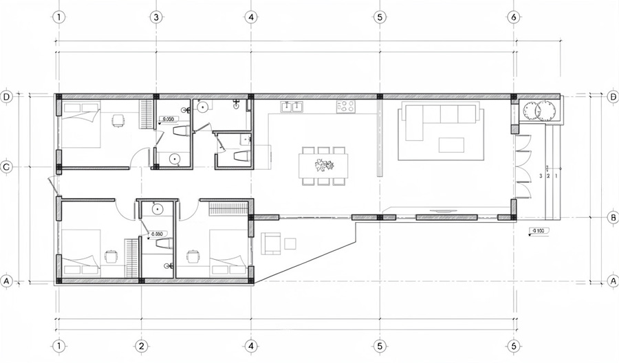 Bản vẽ mặt bằng nhà 1 tầng chữ L 100m2 3 phòng ngủ