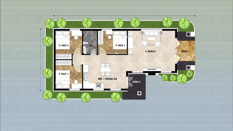 Bản vẽ mặt bằng nhà 1 tầng chữ L 100m2 có sân vườn