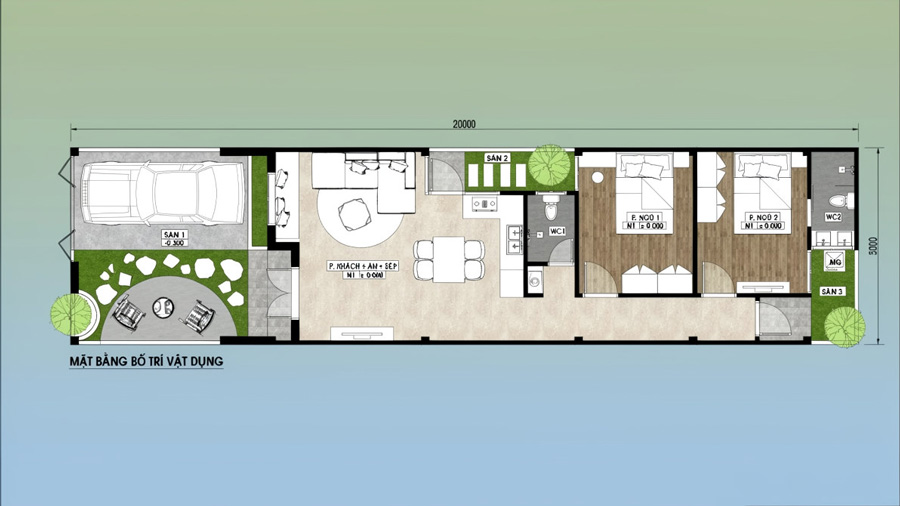 Bản vẽ mặt bằng nhà 1 tầng chữ L 100m2 2 phòng ngủ 5x20m
