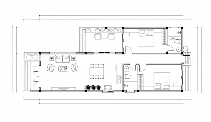 Mặt bằng công năng nhà 1 tầng mái bằng 100m2 chữ L